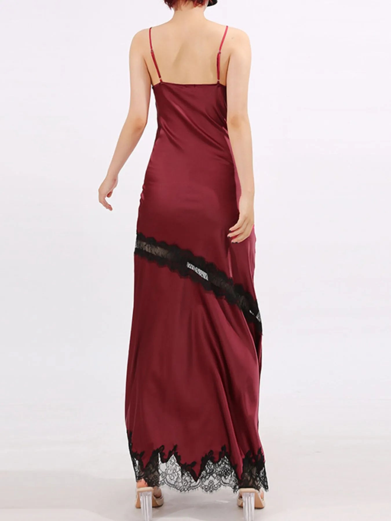 Burgundy lace-detail slit maxi dress detail view