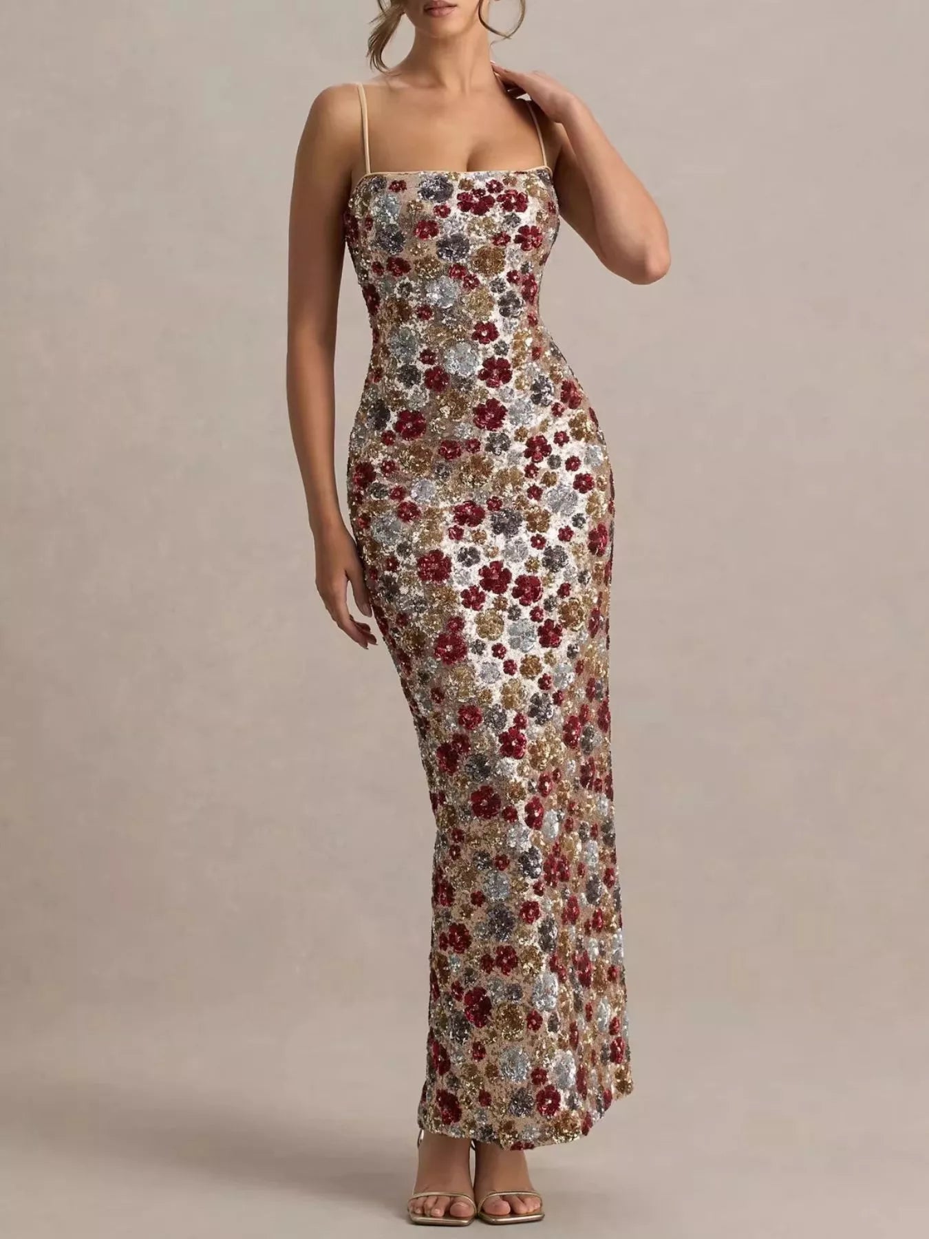 Floral sequin bodycon maxi dress front view