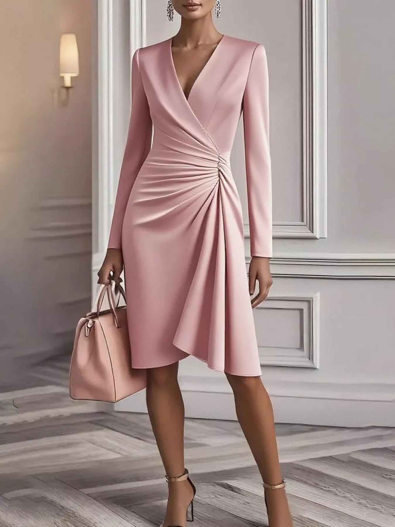 Ruched surplice long-sleeve dress front view