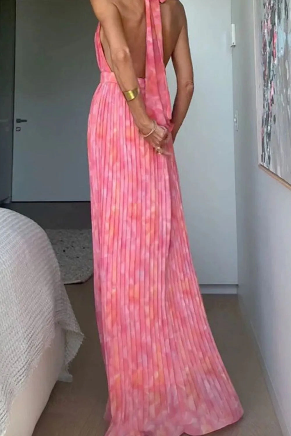 Pink Halter-Neck Pleated Backless Maxi Dress - product view 3