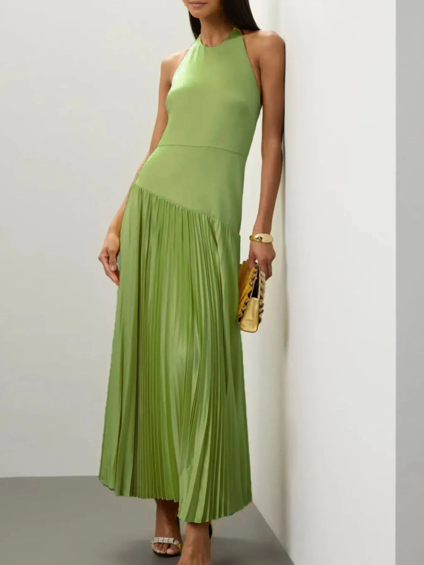 Pleated halter maxi dress in yellow green front view