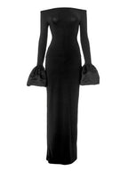 Black high-slit maxi dress detail