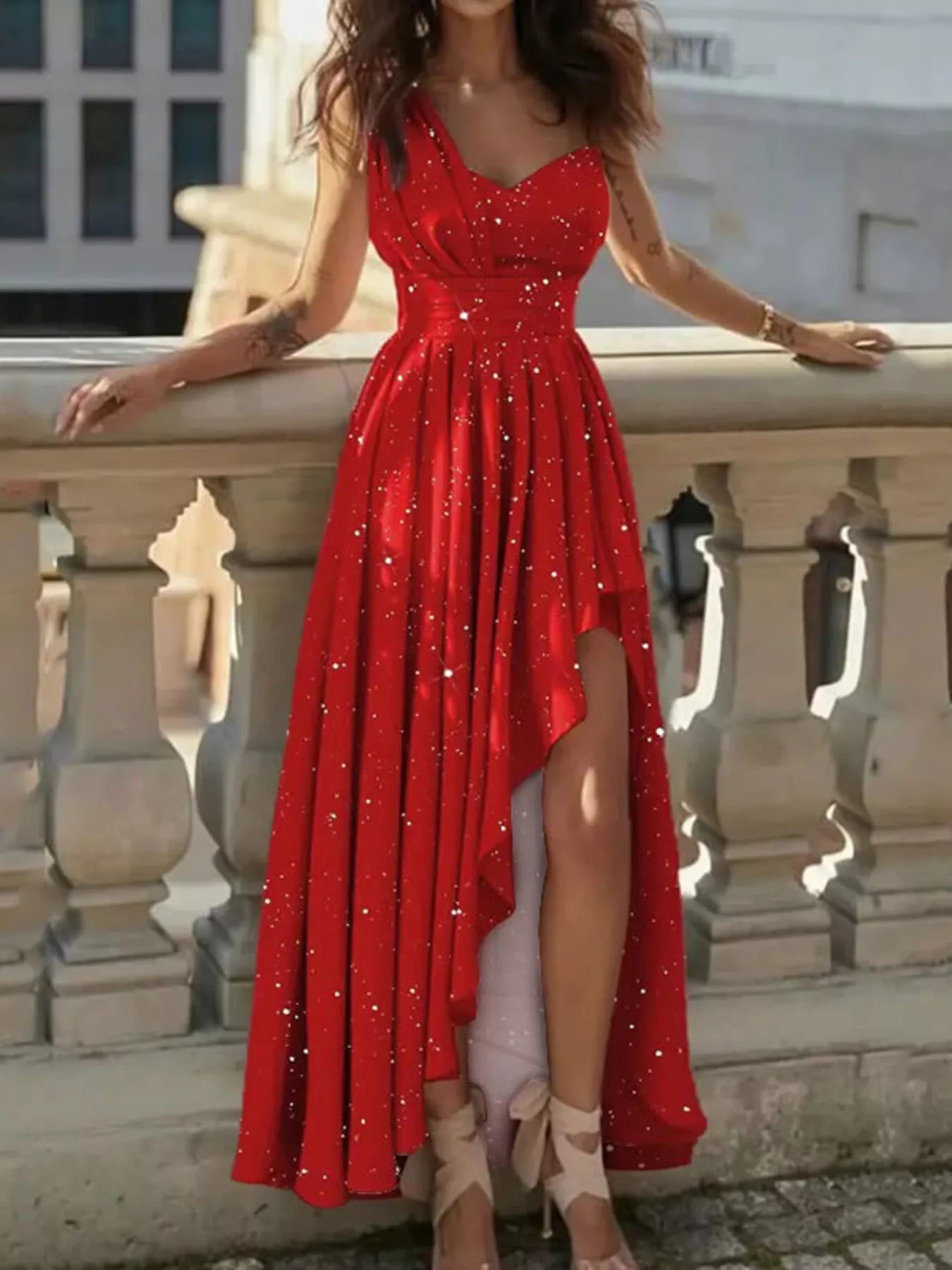 Deep-Red One-Shoulder High-Low Slit Maxi Dress - product view 1