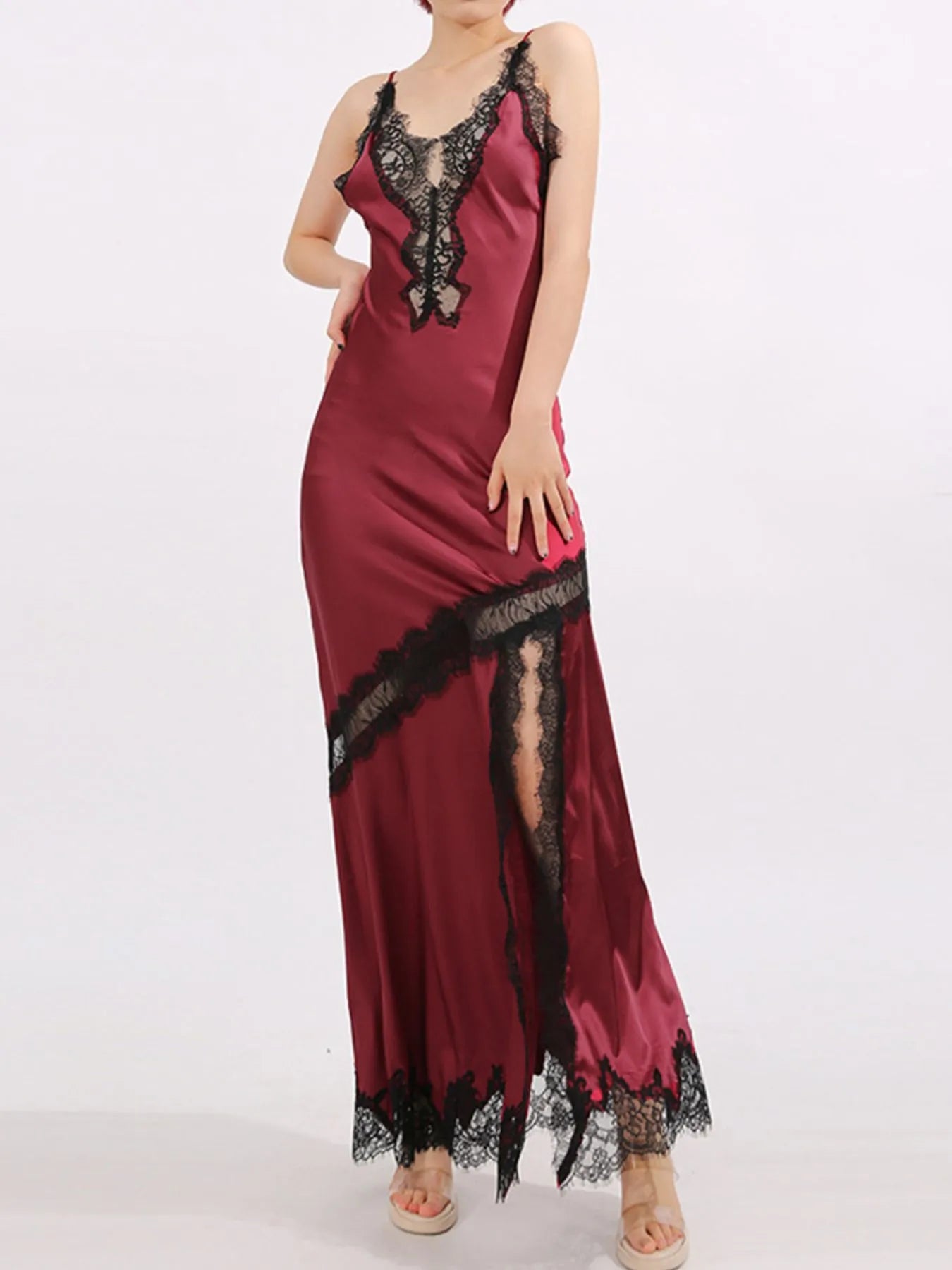 Burgundy lace-detail slit maxi dress front view