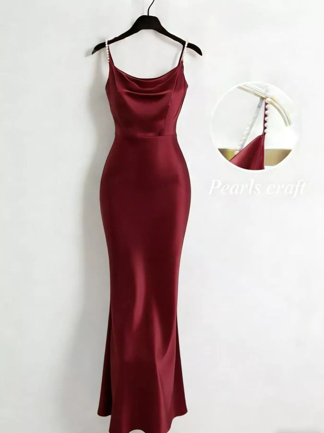 Pearl-strap cowl-neck satin maxi dress back view