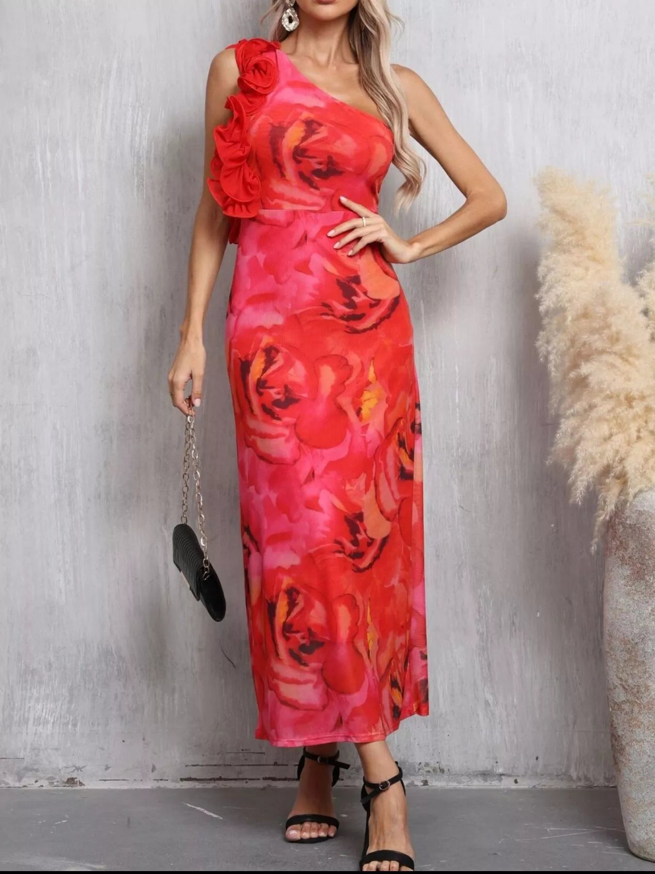 Red floral one shoulder dress front view