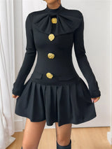 Black mock-neck long-sleeve mini dress, front view.