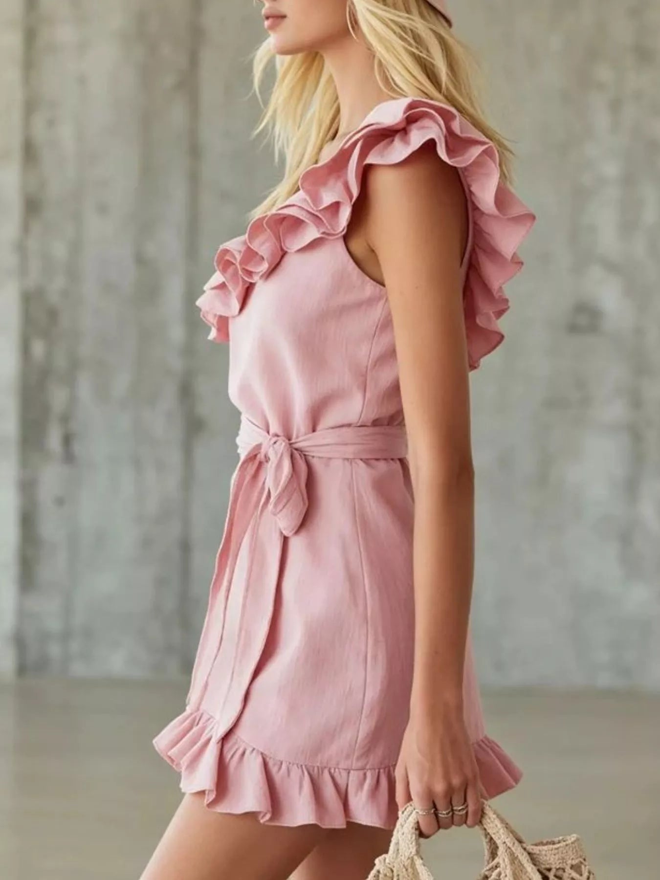 One-shoulder wrap dress ruffle detail