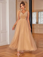 Champagne sleeveless embellished V-neck floor-length gown