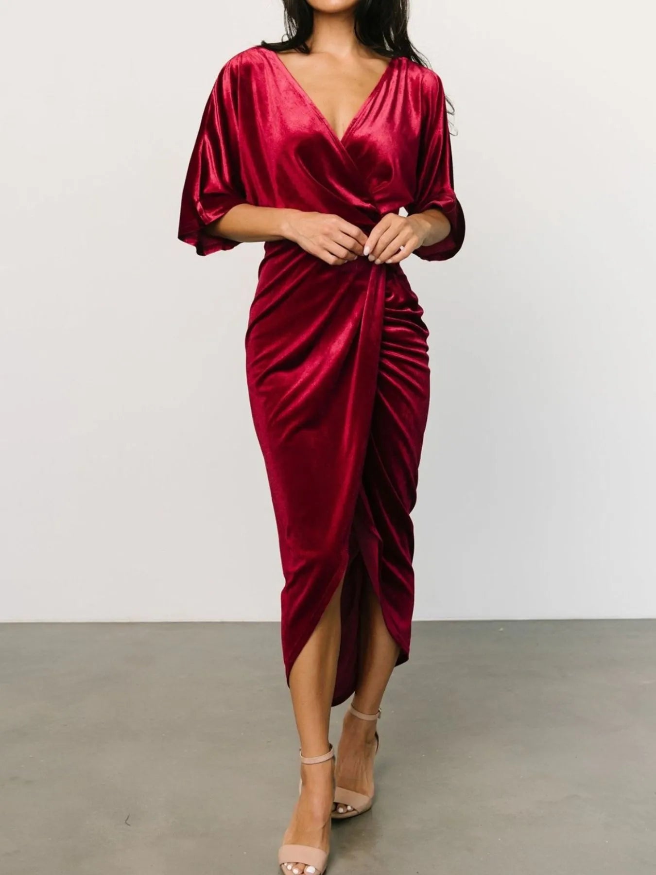 Ruched surplice dress half-sleeve detail