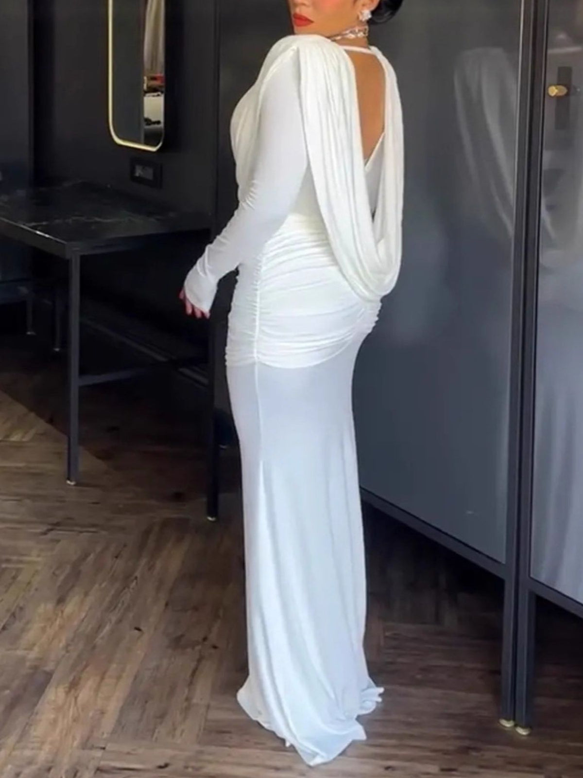 Long-sleeve ruched maxi dress side view