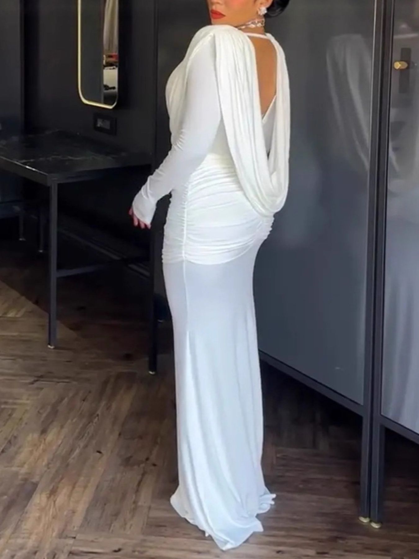 Long-sleeve ruched maxi dress side view
