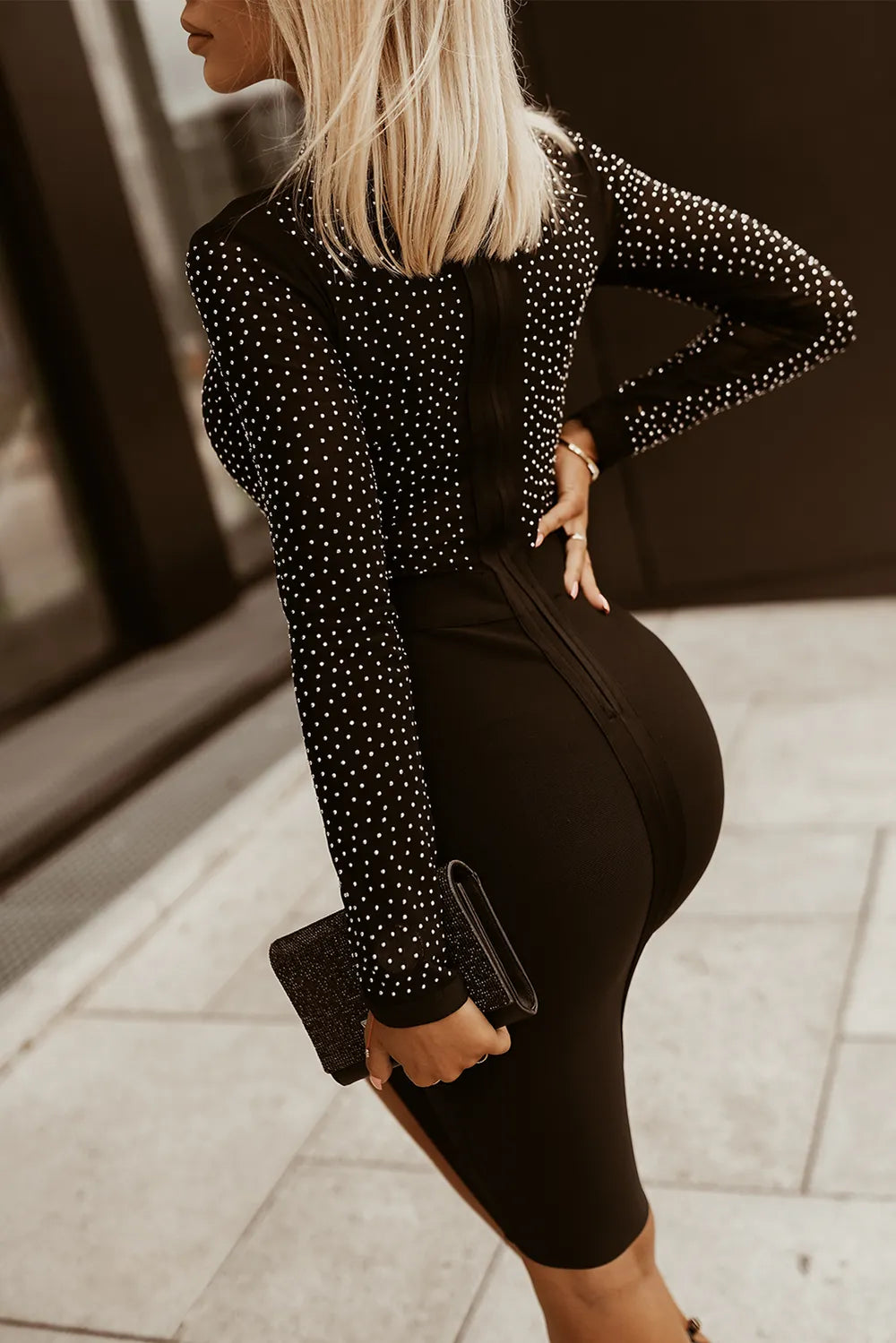 Rhinestone long-sleeve dress side view