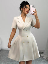 Ivory double-breasted pleated blazer mini dress, front view.