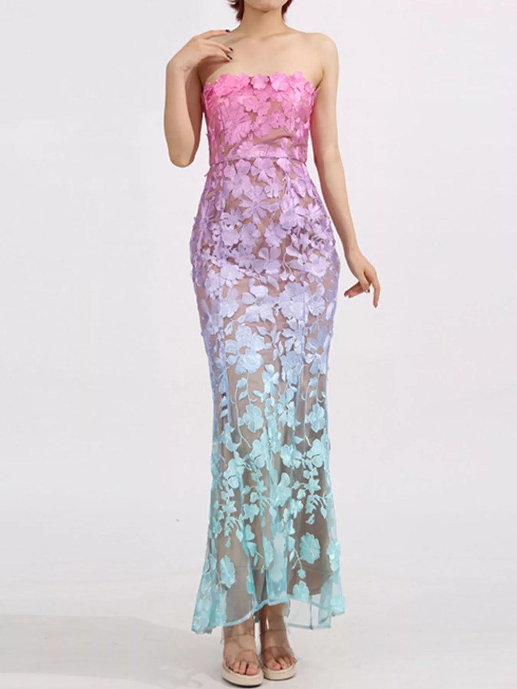 Gradient embroidered tube maxi dress detail