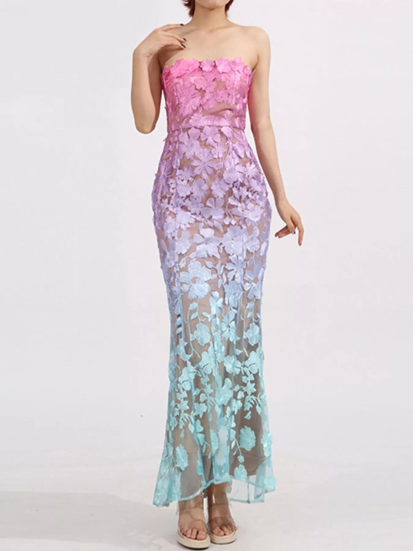 Gradient embroidered tube maxi dress detail