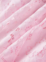 Pink short-sleeve lace mermaid midi dress, lace detail.