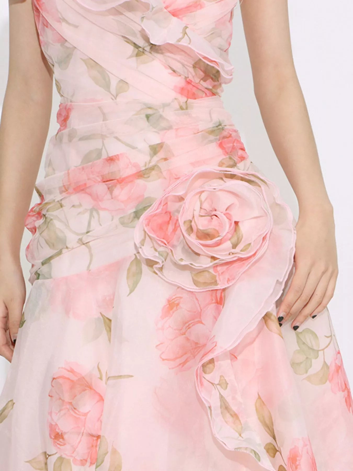 Floral ruffle maxi dress side view