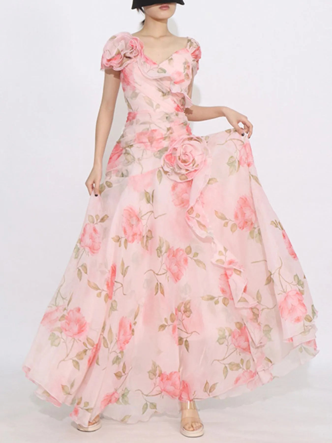 Tiered floral maxi dress back view