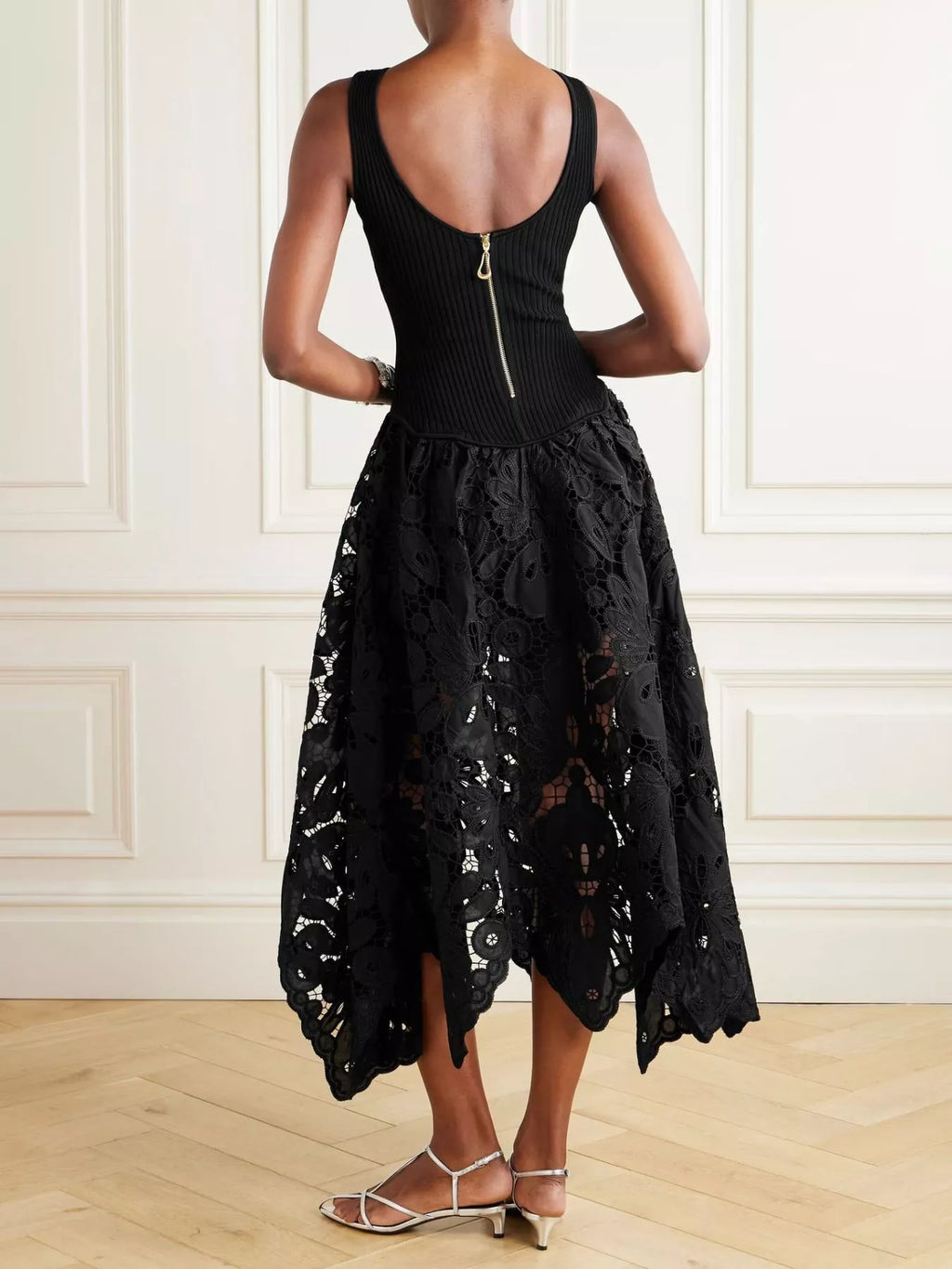 Black Sleeveless Ribbed Crochet Cutout Midi Dress - product view 3
