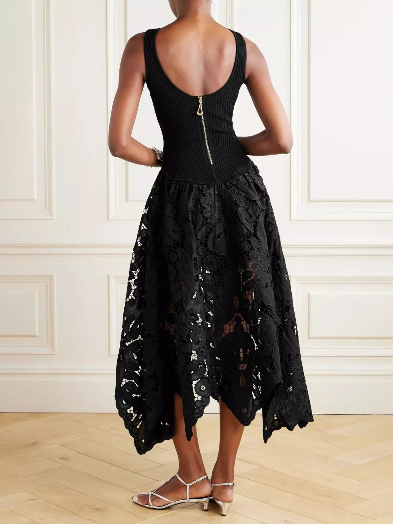 Black Sleeveless Ribbed Crochet Cutout Midi Dress - product view 3