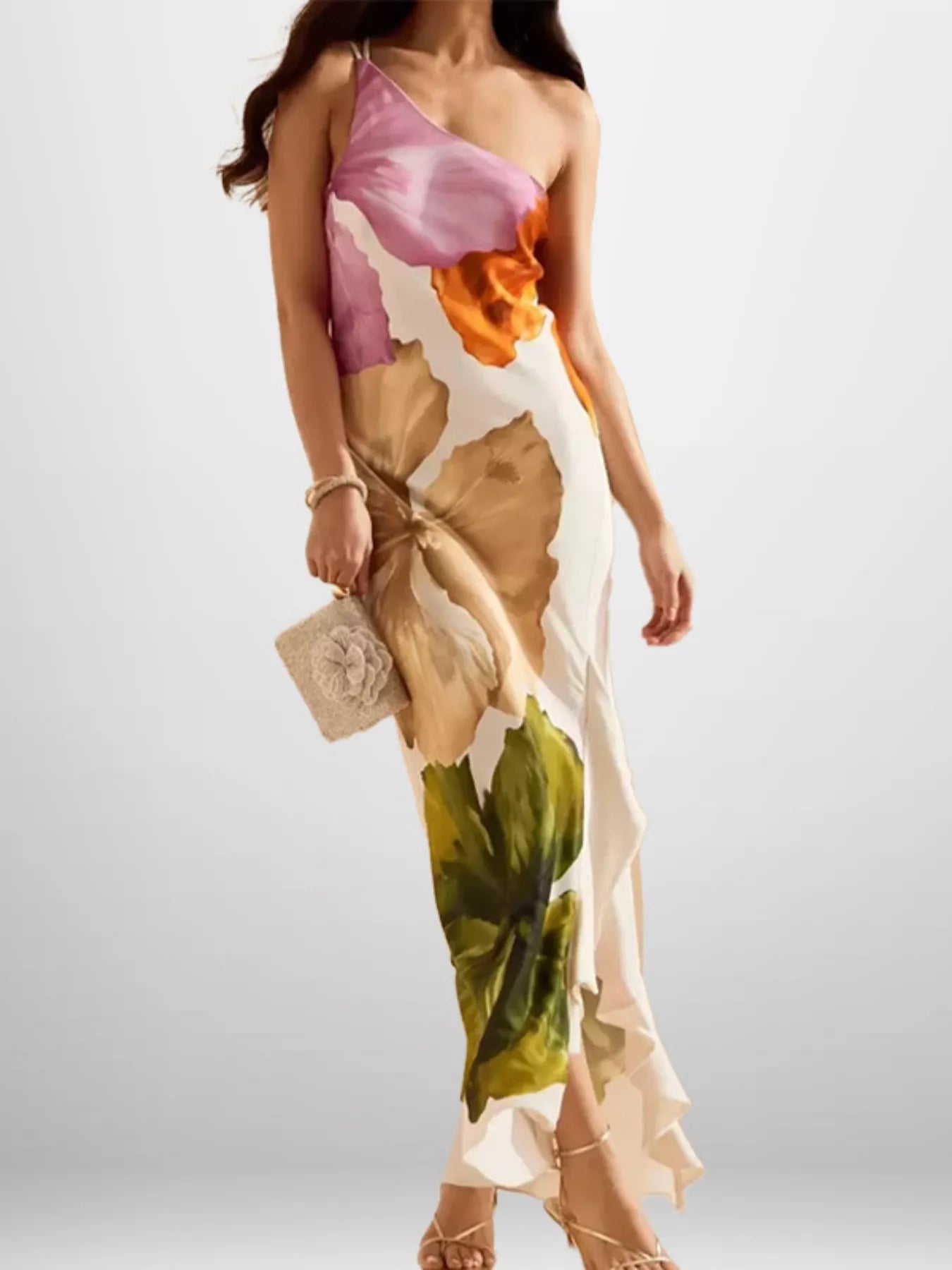 Plus-size floral one-shoulder maxi dress front view