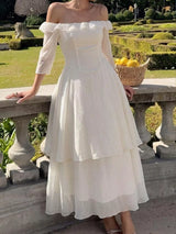 Cream off-shoulder layered midi dress side view