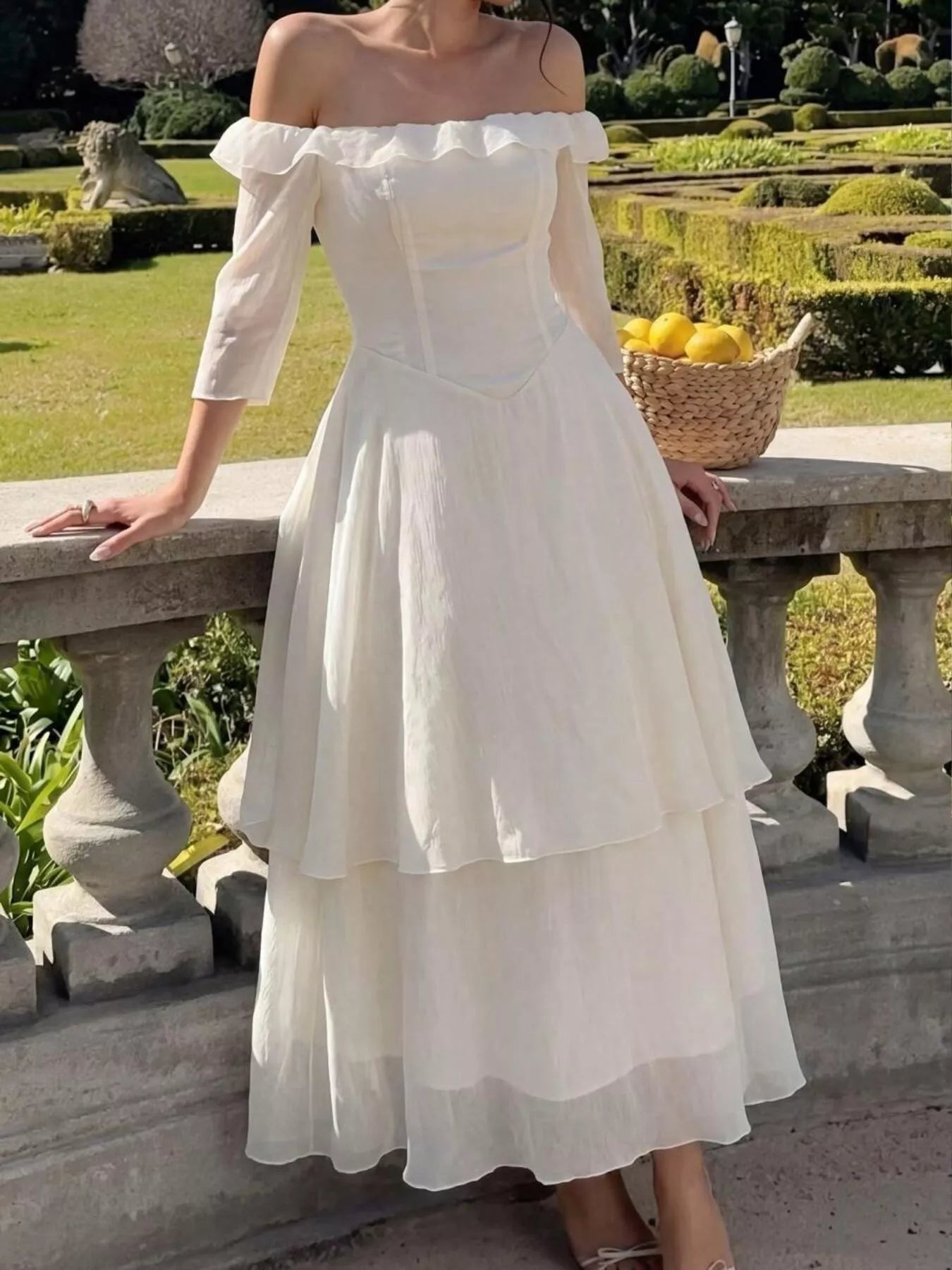 Cream off-shoulder layered midi dress side view