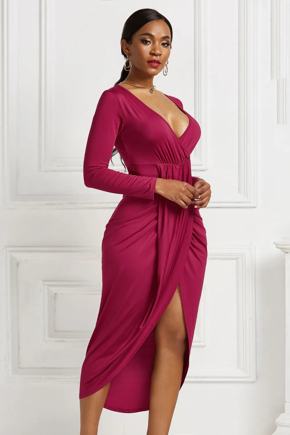 Burgundy ruched long-sleeve wrap dress, side view