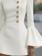 Ivory ruffled bell-sleeve mini dress, button detail.