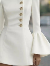 Ivory ruffled bell-sleeve mini dress, button detail.