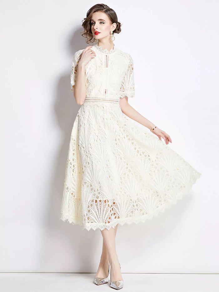 Full Size Lace Short Sleeve Midi Dress Plus Size
