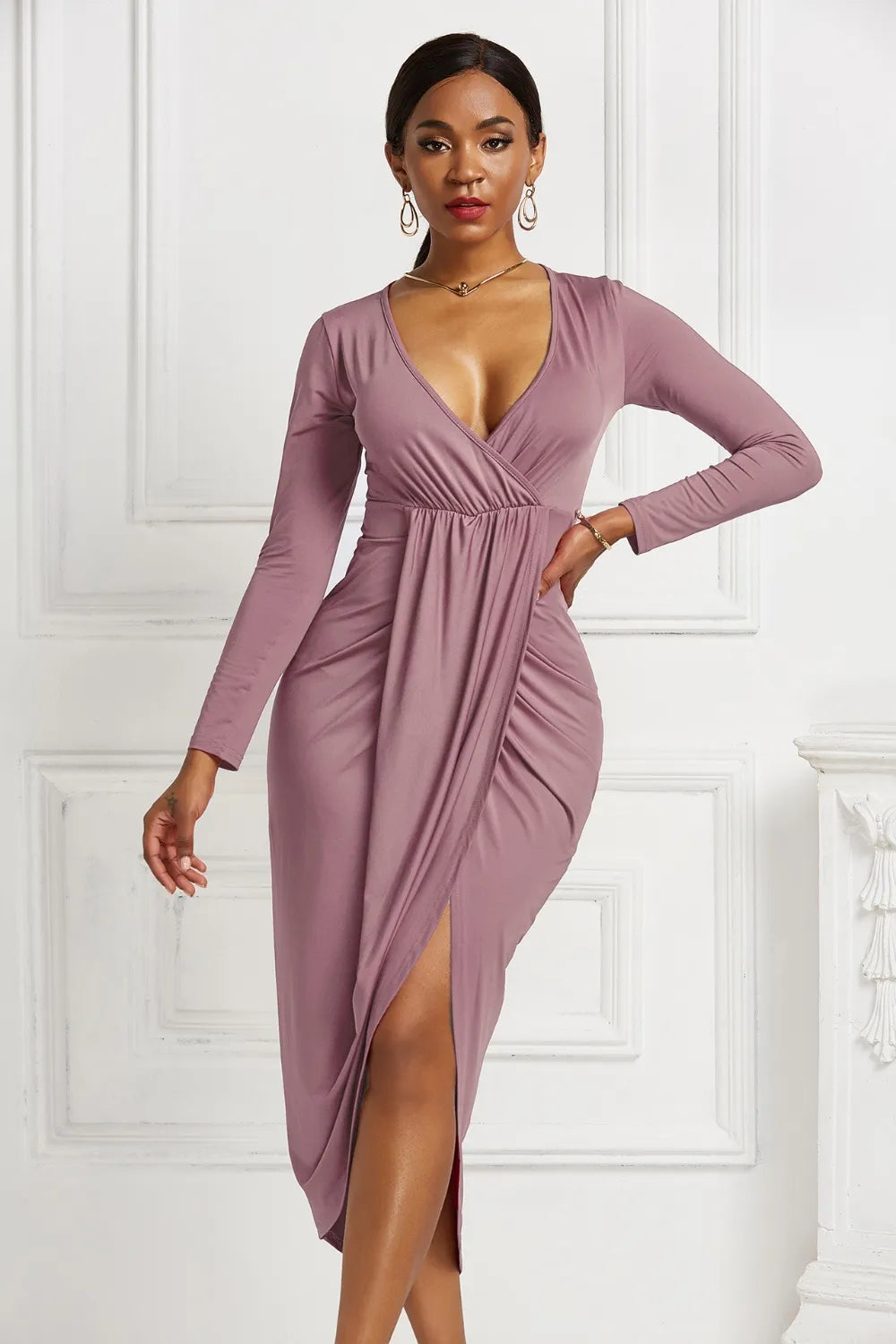 Mauve ruched long-sleeve wrap dress, front view with asymmetric hem