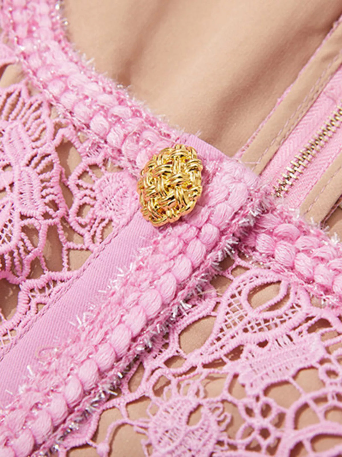 Pink lace button-up midi dress with pockets, button detail.