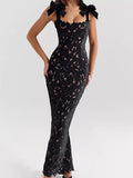 Black lace cutout tie shoulder maxi dress front view