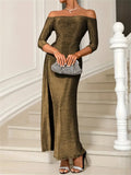 Gold off-shoulder long-sleeve midi dress front view