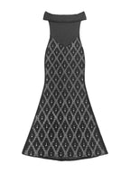 Black rhinestone sheer off-shoulder maxi dress, front view.