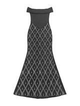 Black rhinestone sheer off-shoulder maxi dress, front view.