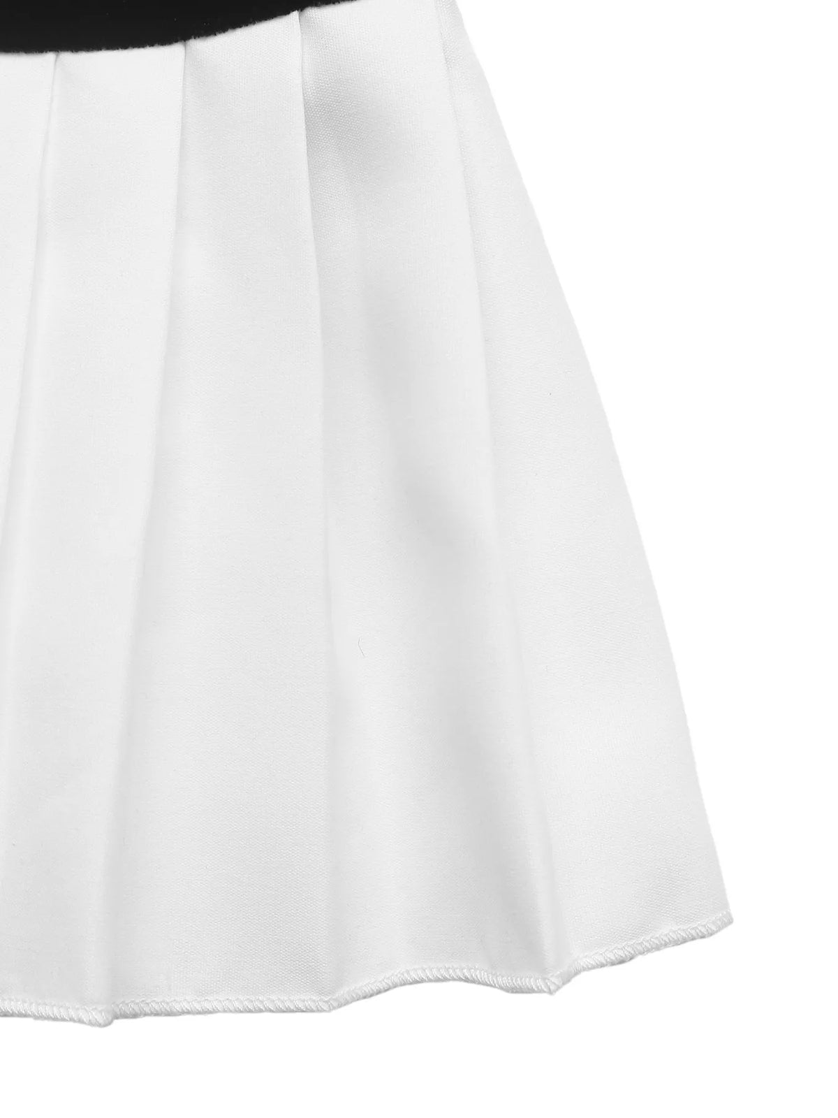 White sweetheart-neck pleated long-sleeve mini dress, pleat detail.