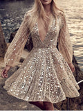Sequin deep V-neck mini dress front view