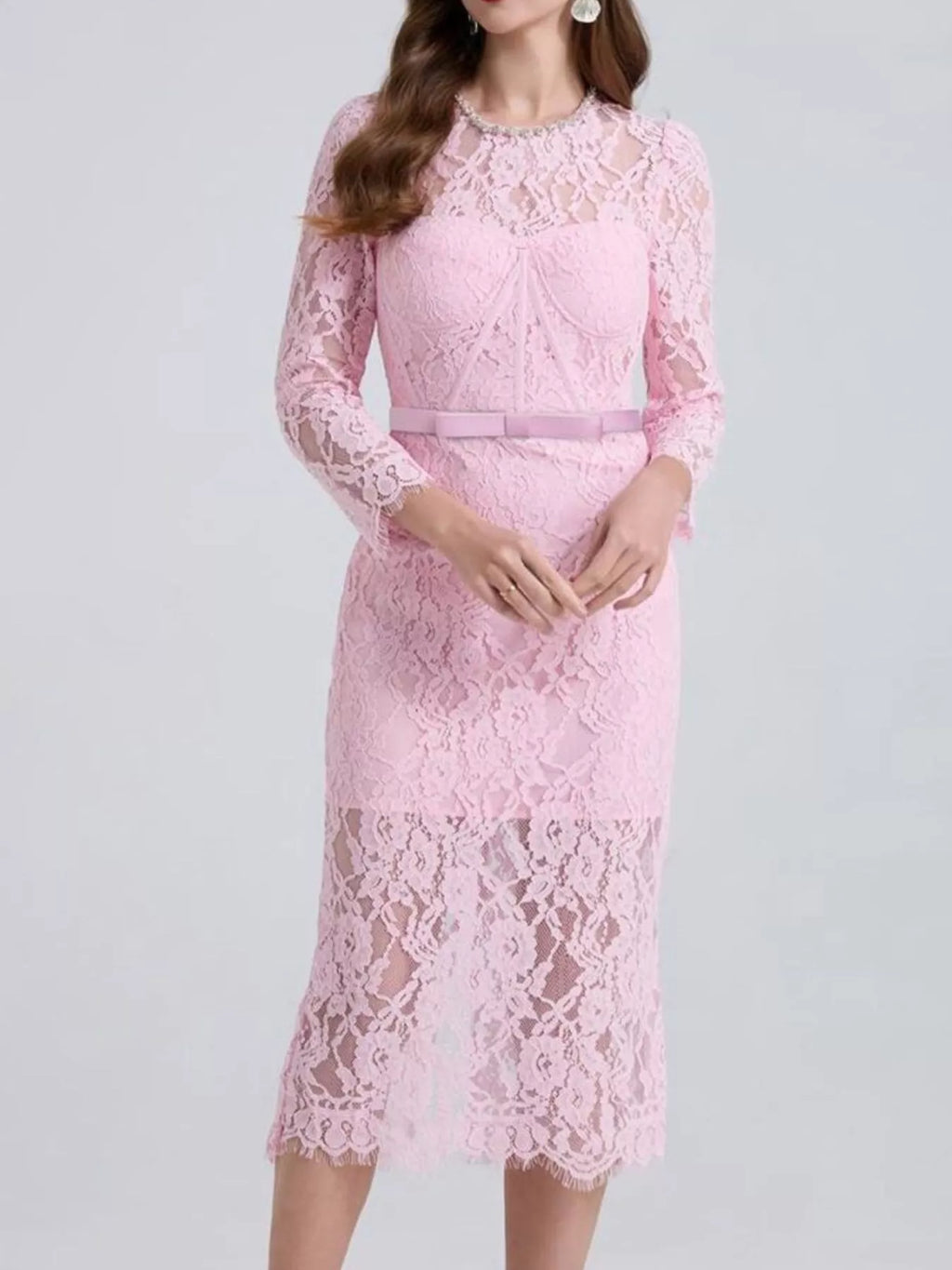 Lace long-sleeve midi dress front view