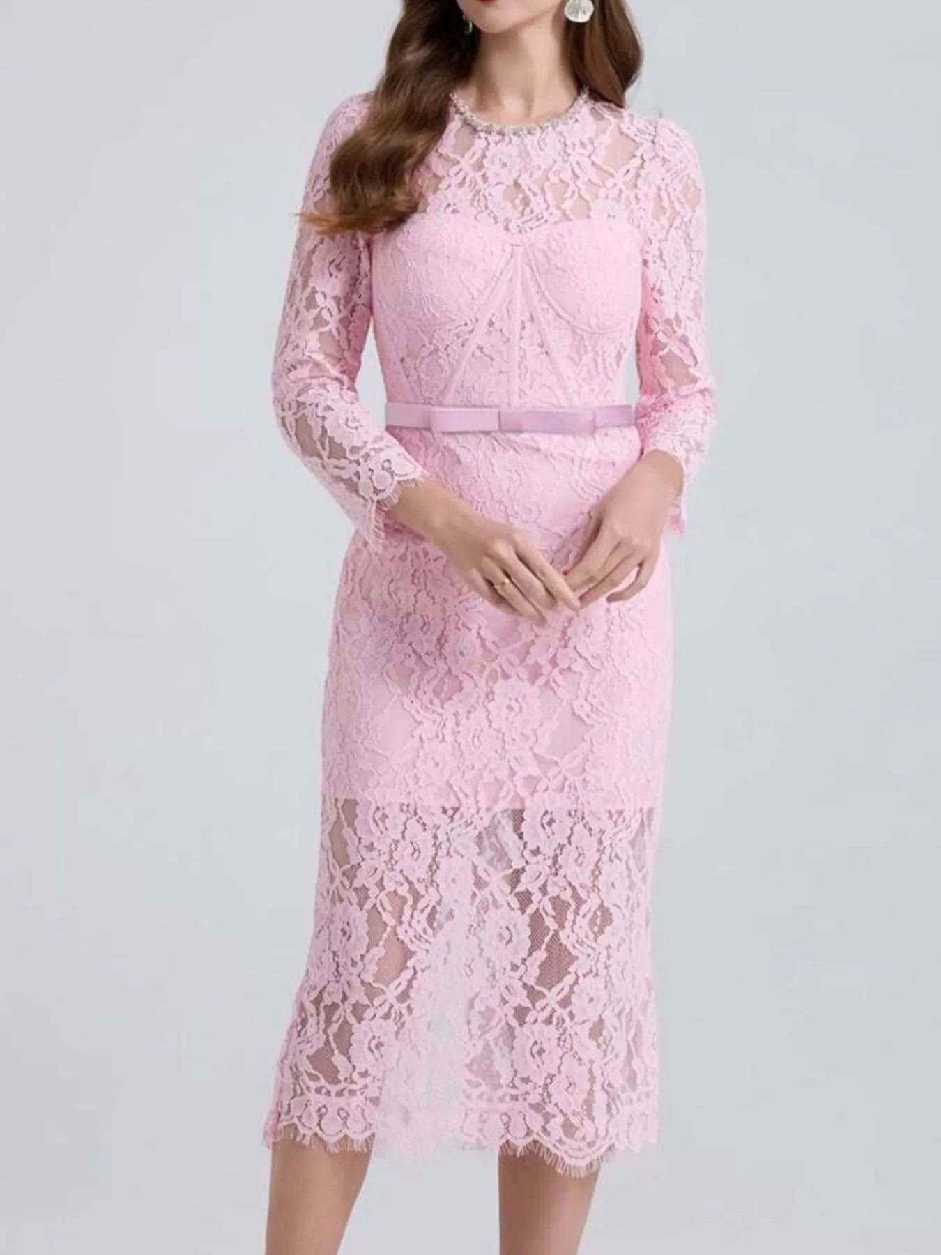 Lace long-sleeve midi dress front view