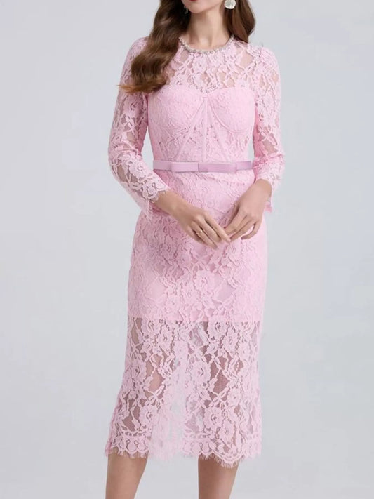 Lace long-sleeve midi dress front view