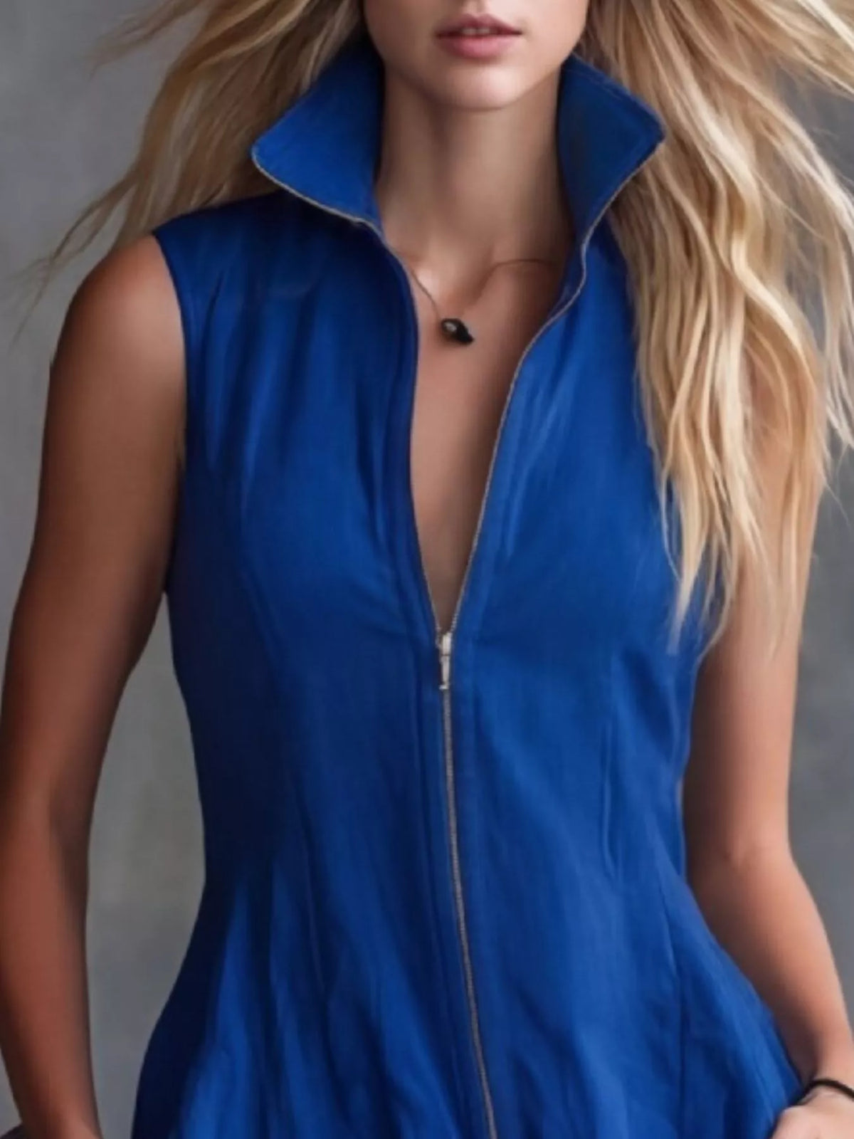 Royal blue plus-size high-low ruffled zip-front dress, neckline detail.