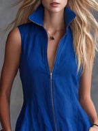 Royal blue plus-size high-low ruffled zip-front dress, neckline detail.