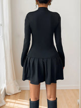 Black mock-neck long-sleeve mini dress, back view.