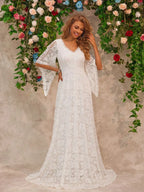 Floor-length white lace dress back view