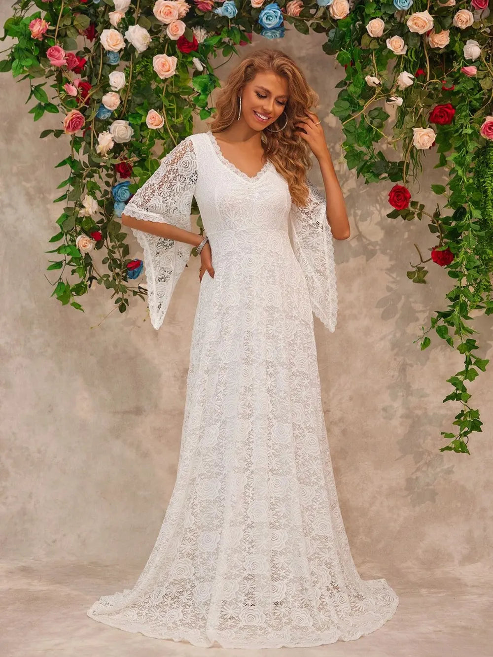 Floor-length white lace dress back view