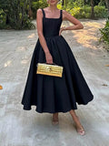 Black square neck A-line midi dress 1