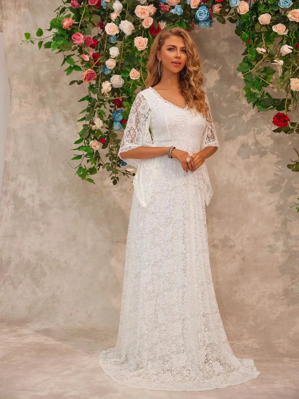 White lace occasion dress side view